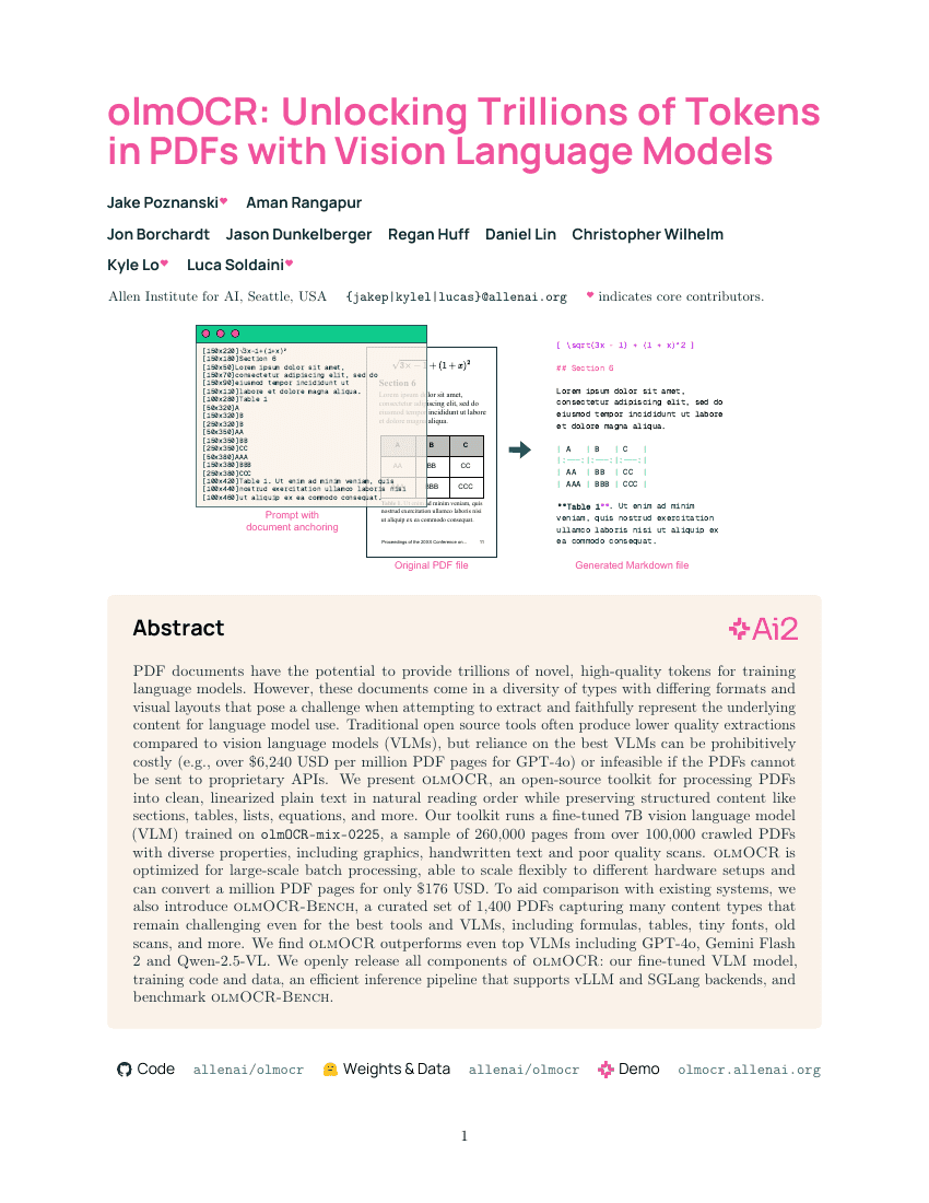 olmOCR: Unlocking Trillions of Tokens in PDFs with Vision Language Models