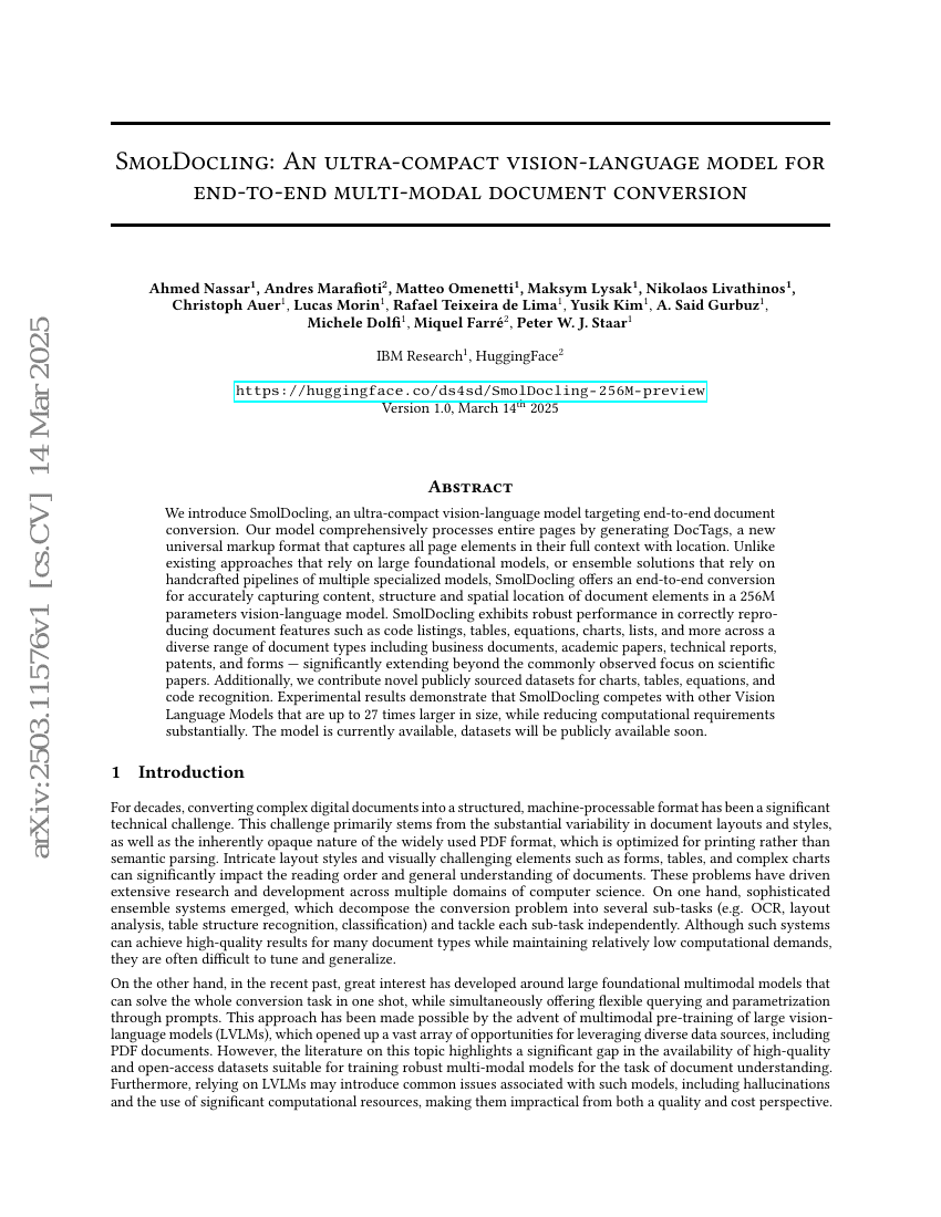 SmolDocling: An ultra-compact vision-language model for end-to-end
multi-modal document conversion