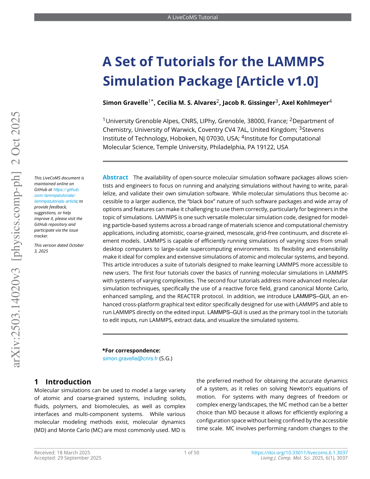 LAMMPSシミュレーションパッケージのためのチュートリアル集