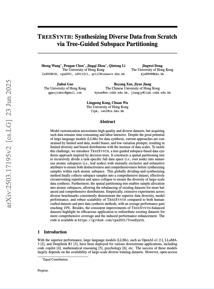 TreeSynth:通过树引导的子空间划分从零开始合成多样化数据