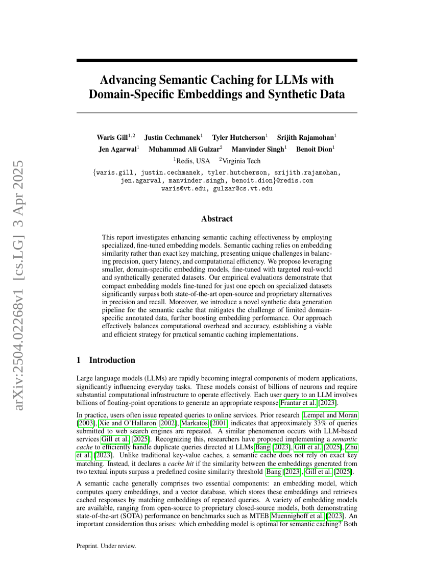 Advancing Semantic Caching for LLMs with Domain-Specific Embeddings and Synthetic Data