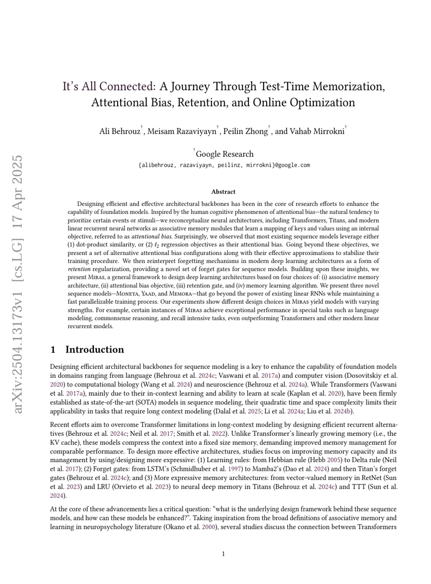 It's All Connected: A Journey Through Test-Time Memorization, Attentional Bias, Retention, and Online Optimization