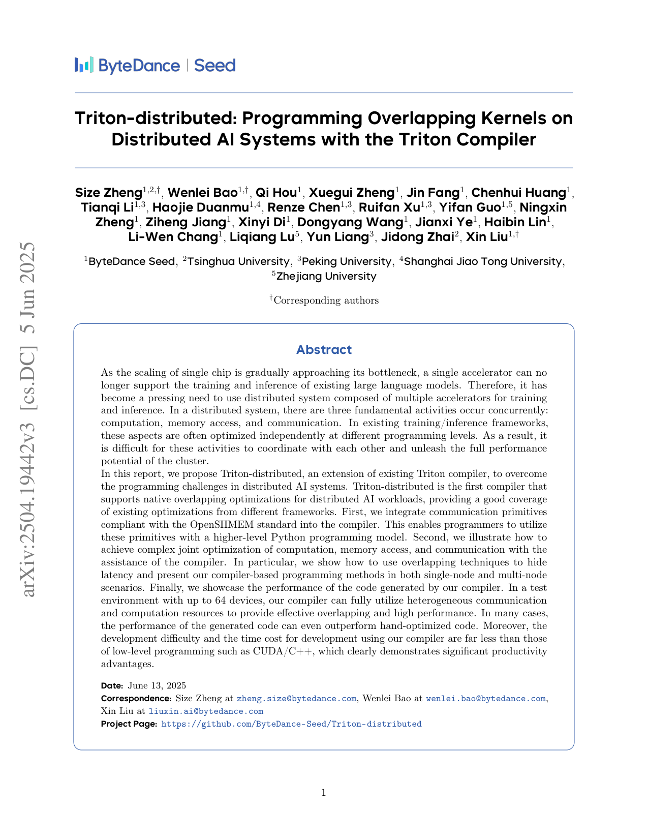 Triton-distributed: トライトンコンパイラを用いた分散AIシステムにおける重複するカーネルのプログラミング