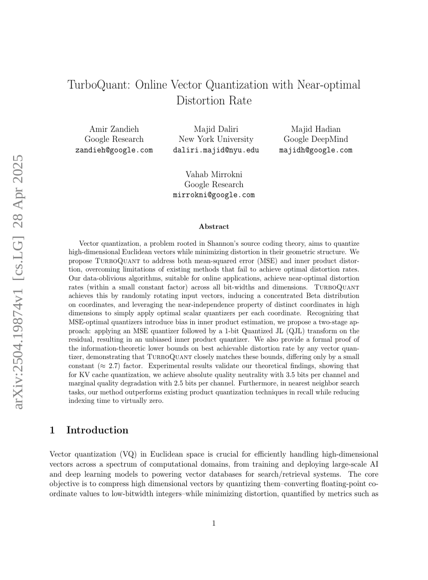 TurboQuant: Online Vector Quantization with Near-optimal Distortion Rate