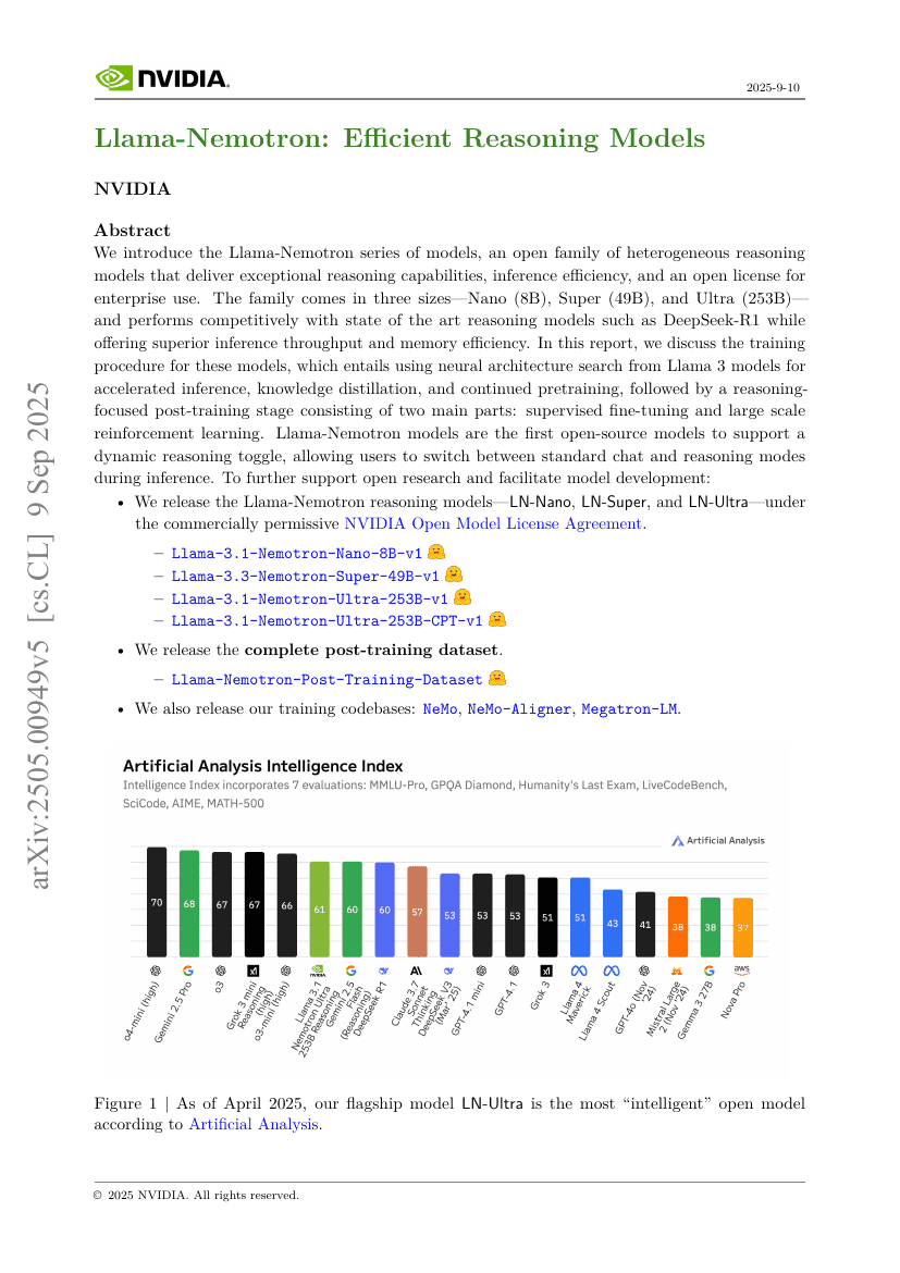 Llama-Nemotron: Efficient Reasoning Models