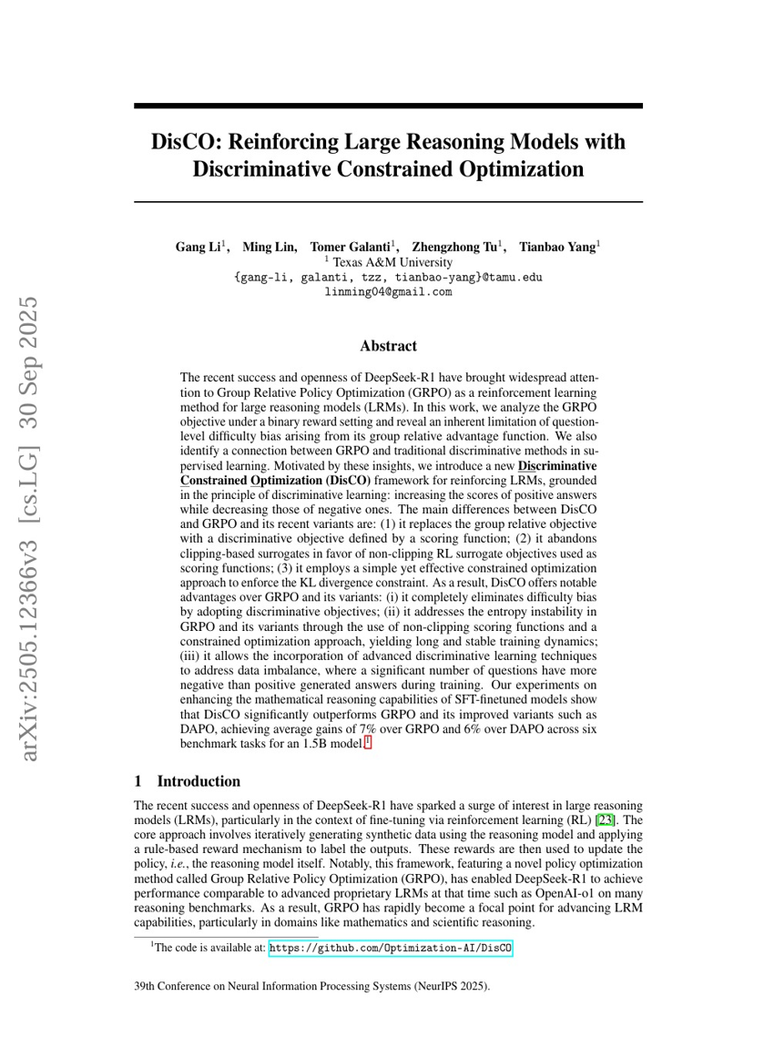 DisCO：通过判别约束优化强化大型推理模型