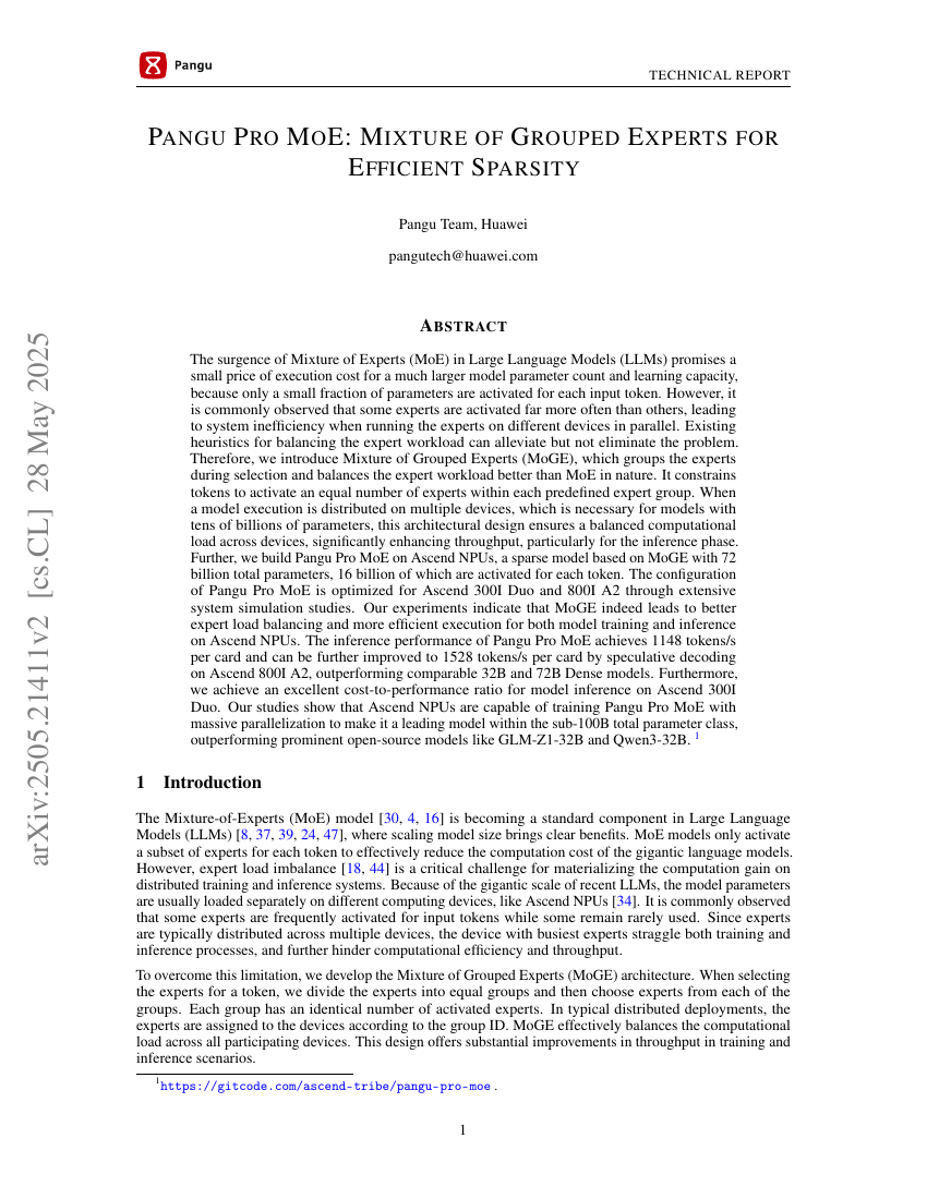 Pangu Pro MoE: Mixture of Grouped Experts for Efficient Sparsity