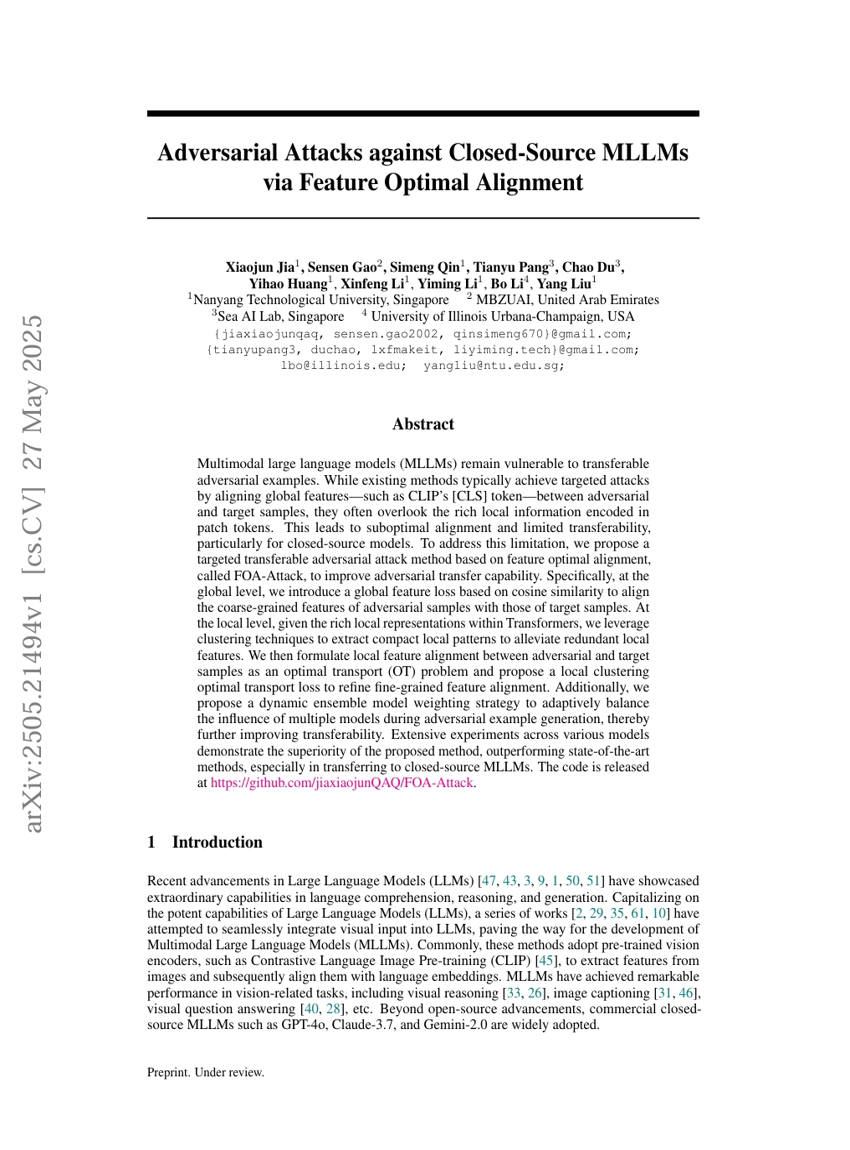 特徴最適アライメントを用いたクローズドソースMLLMに対する敵対的攻撃
