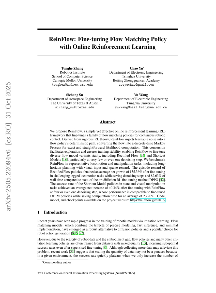 ReinFlow:通过在线强化学习微调流匹配策略