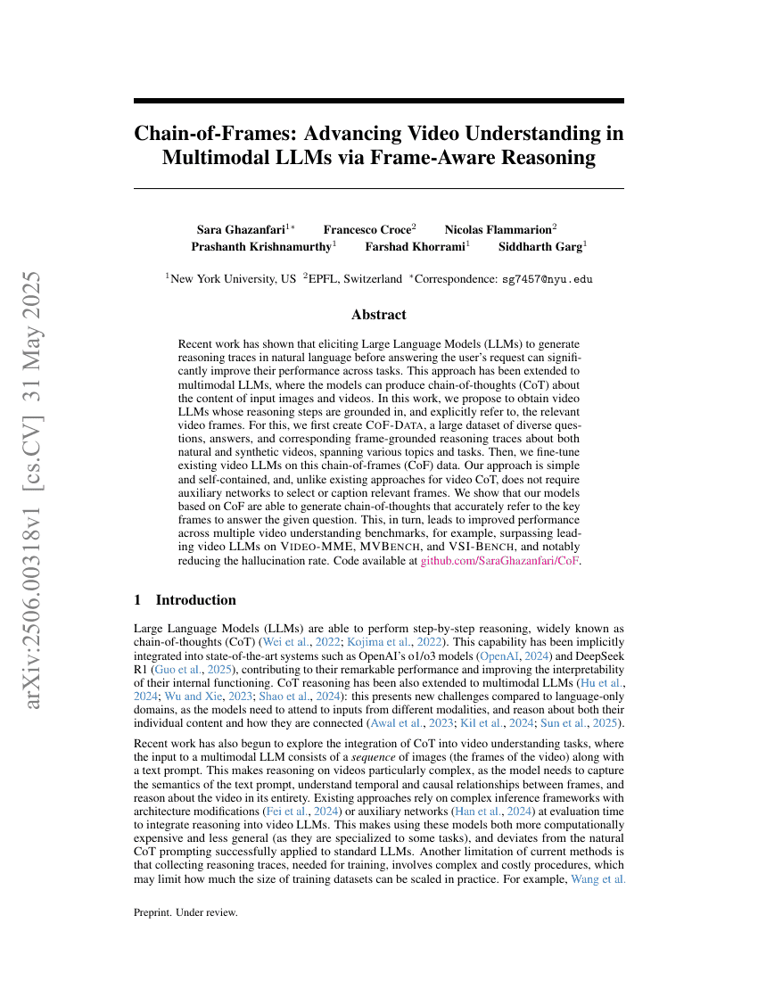 Chain-of-Frames: Advancing Video Understanding in Multimodal LLMs via Frame-Aware Reasoning