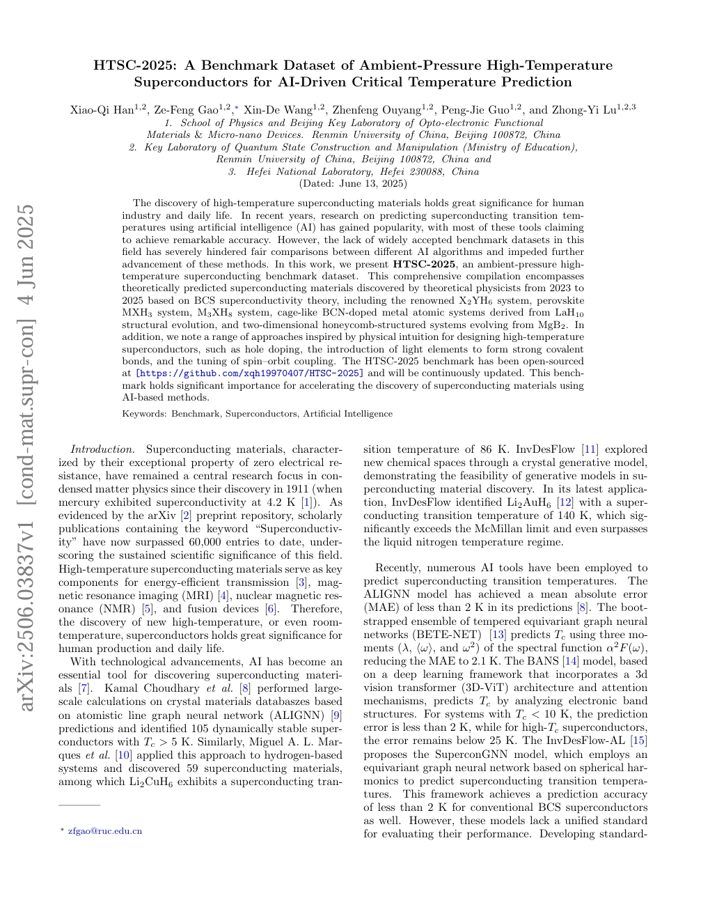 HTSC-2025: A Benchmark Dataset of Ambient-Pressure High-Temperature Superconductors for AI-Driven Critical Temperature Prediction