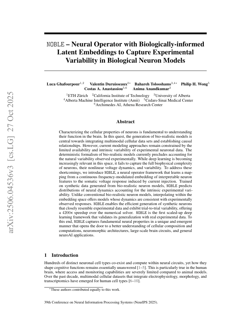NOBLE - Neural Operator with Biologically-informed Latent Embeddings to Capture Experimental Variability in Biological Neuron Models