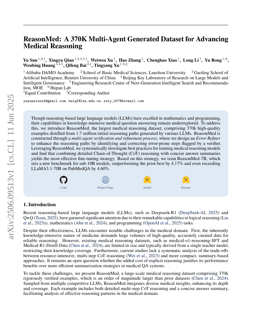 ReasonMed: A 370K Multi-Agent Generated Dataset for Advancing Medical
  Reasoning