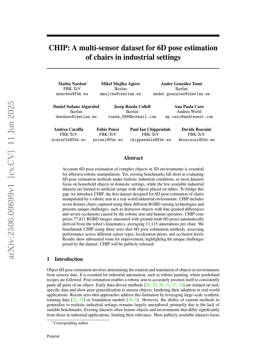 CHIP: A multi-sensor dataset for 6D pose estimation of chairs in industrial settings
