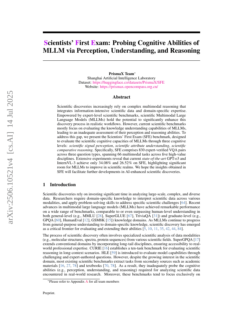 Scientists' First Exam: Probing Cognitive Abilities of MLLM via
  Perception, Understanding, and Reasoning