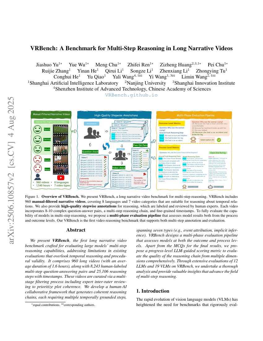 VRBench: A Benchmark for Multi-Step Reasoning in Long Narrative Videos