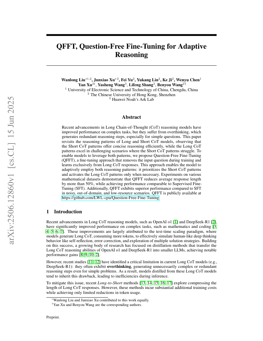 QFFT, Question-Free Fine-Tuning for Adaptive Reasoning