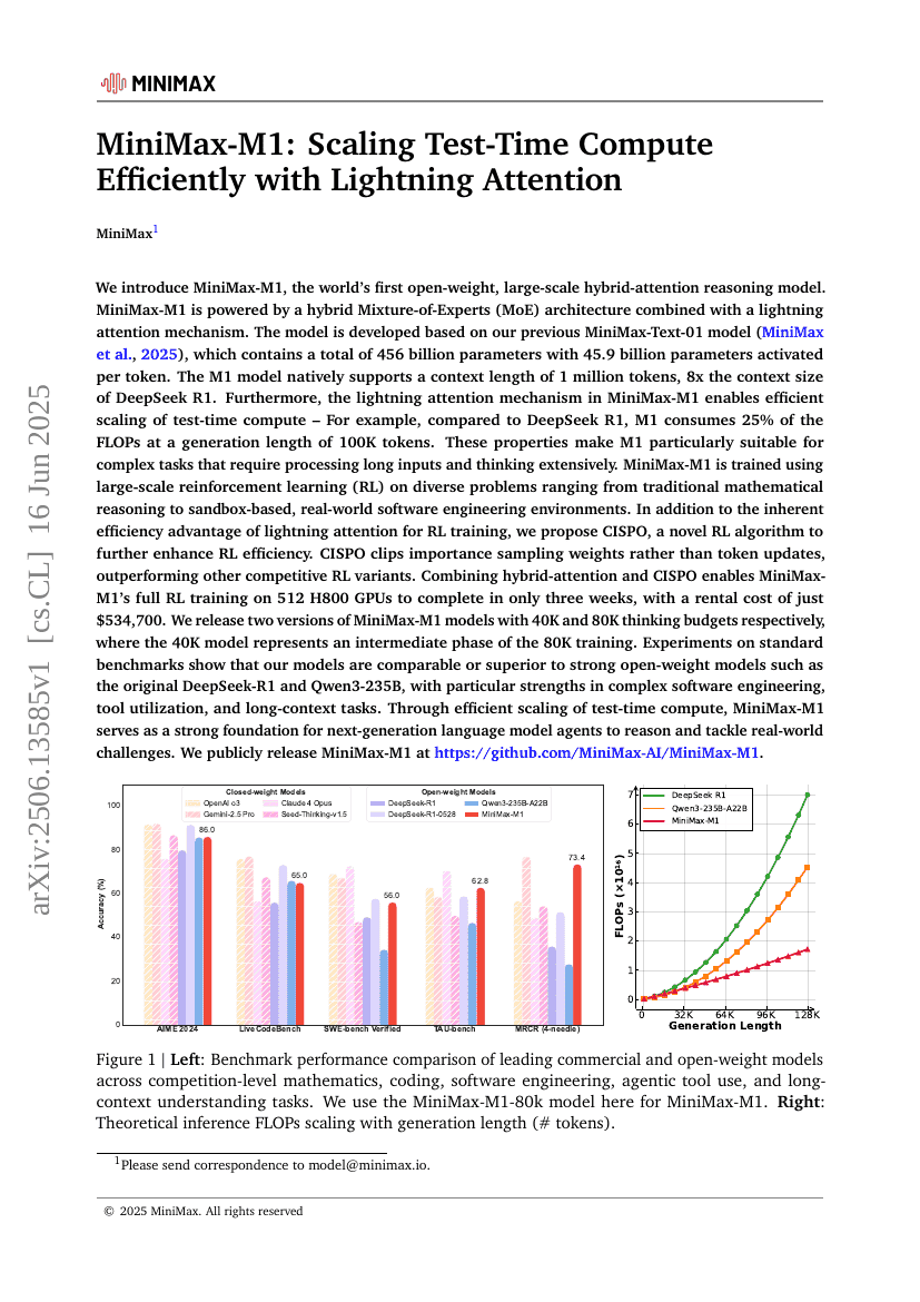MiniMax-M1: Scaling Test-Time Compute Efficiently with Lightning
  Attention