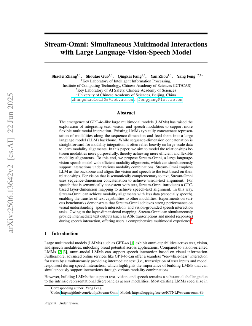 Stream-Omni: Simultaneous Multimodal Interactions with Large
  Language-Vision-Speech Model
