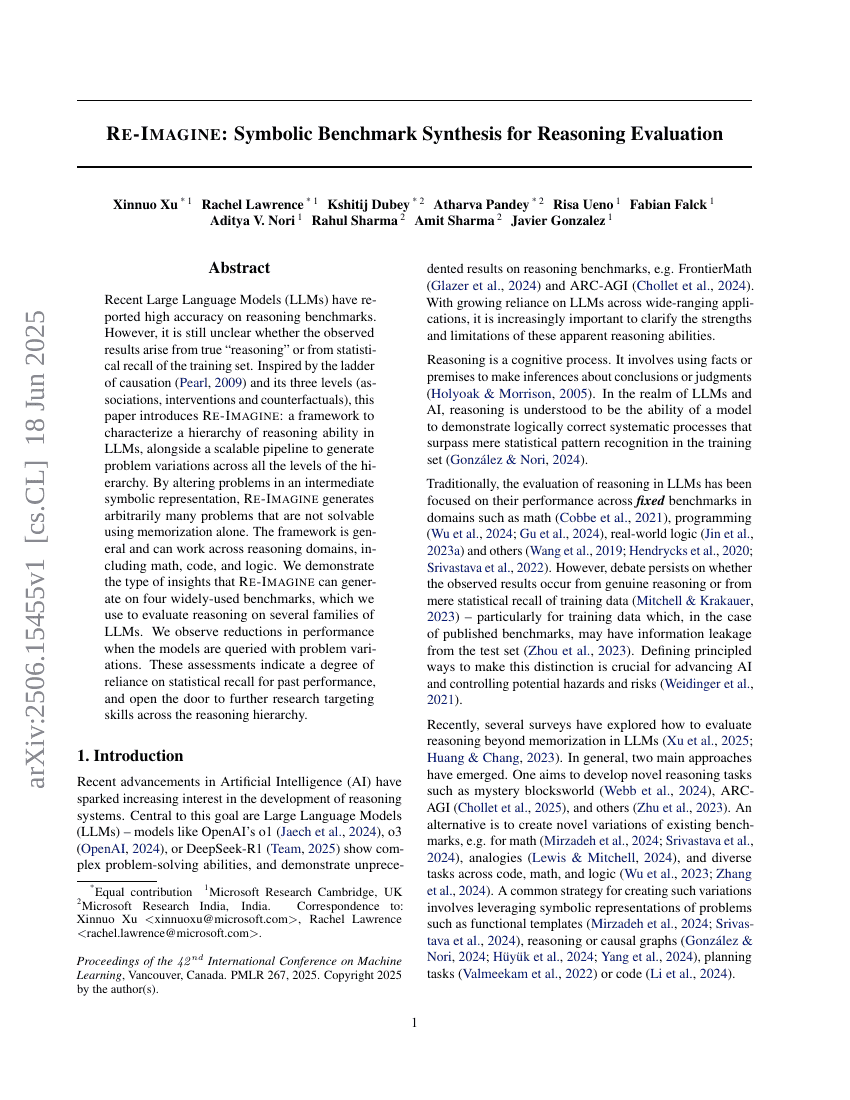 RE-IMAGINE: Symbolic Benchmark Synthesis for Reasoning Evaluation