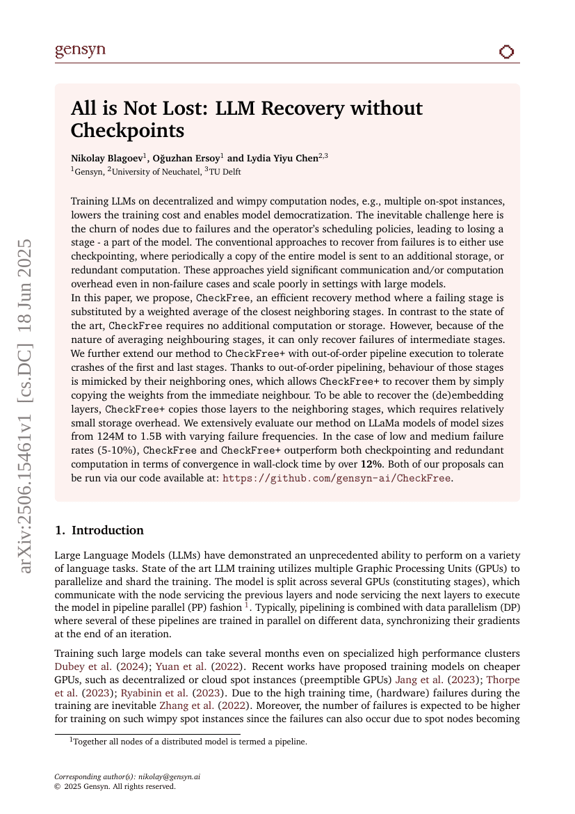 All is Not Lost: LLM Recovery without Checkpoints