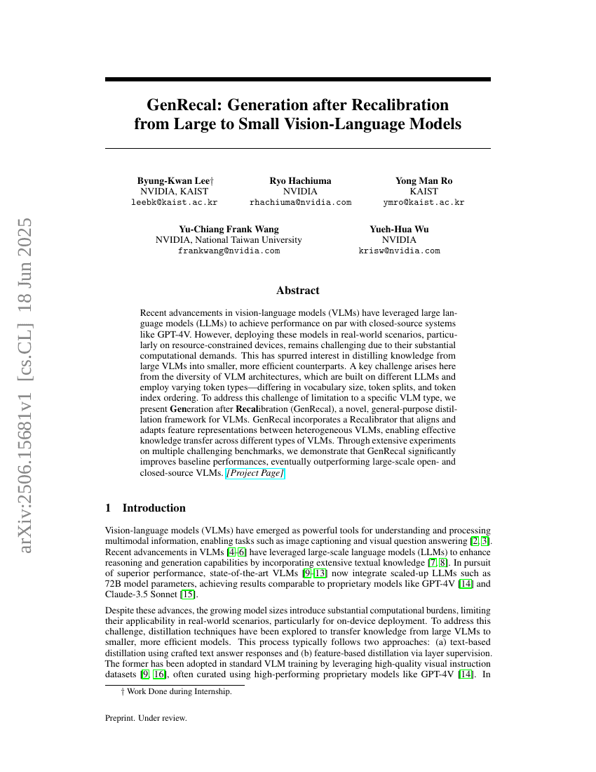 GenRecal: Generation after Recalibration from Large to Small
  Vision-Language Models