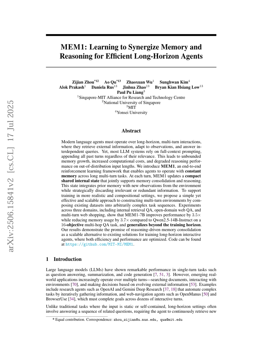 MEM1: Learning to Synergize Memory and Reasoning for Efficient Long-Horizon Agents