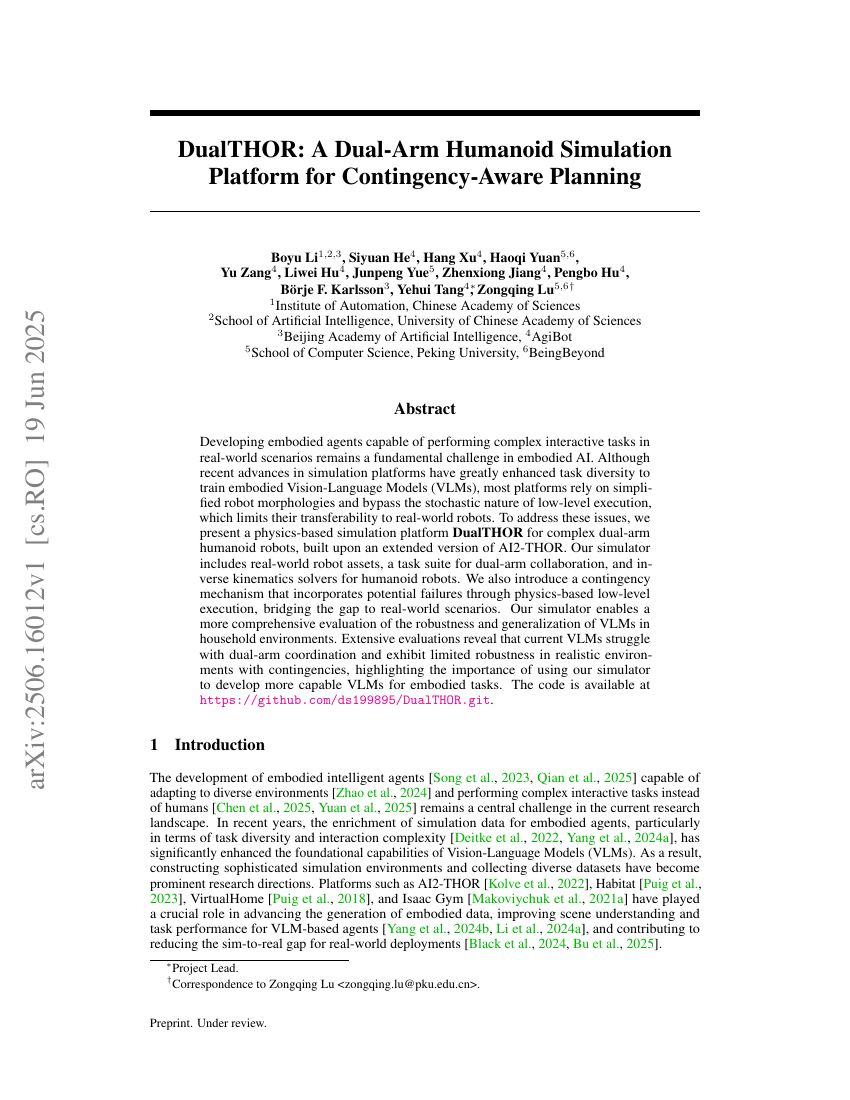 DualTHOR: A Dual-Arm Humanoid Simulation Platform for Contingency-Aware Planning