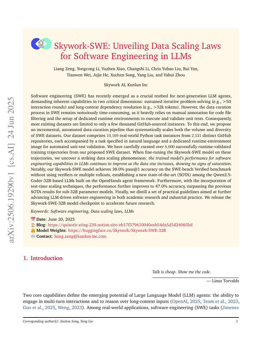 Skywork-SWE: Unveiling Data Scaling Laws for Software Engineering in
  LLMs