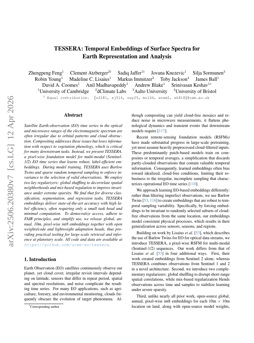 TESSERA: Temporal Embeddings of Surface Spectra for Earth Representation and Analysis