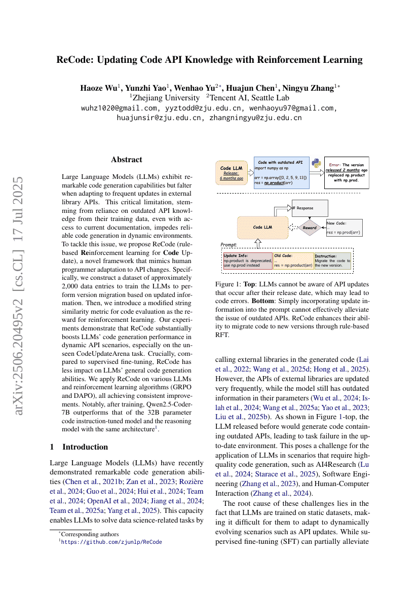 ReCode: Updating Code API Knowledge with Reinforcement Learning