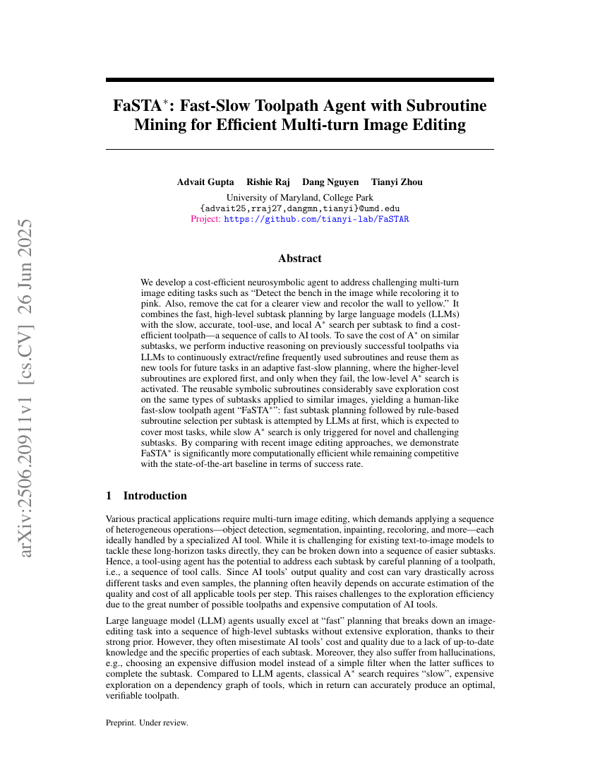 FaSTA^*: Fast-Slow Toolpath Agent with Subroutine Mining for Efficient
  Multi-turn Image Editing