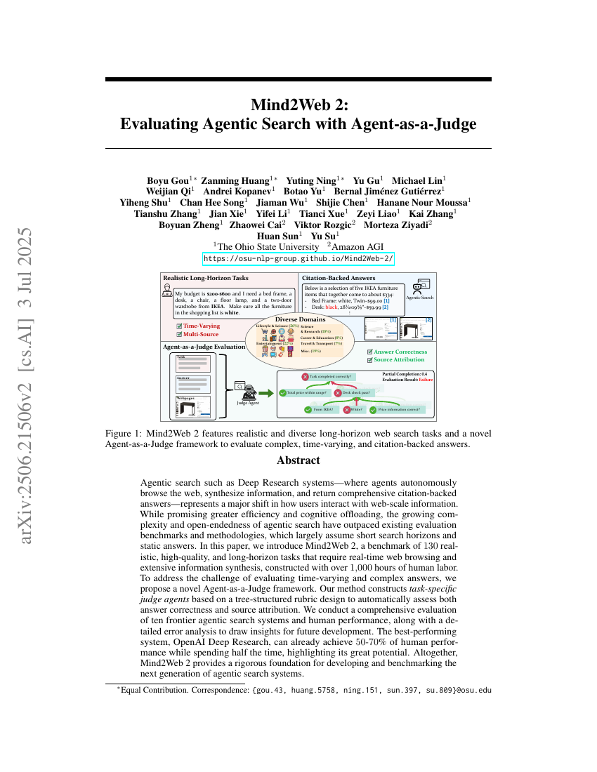 Mind2Web 2: Evaluating Agentic Search with Agent-as-a-Judge