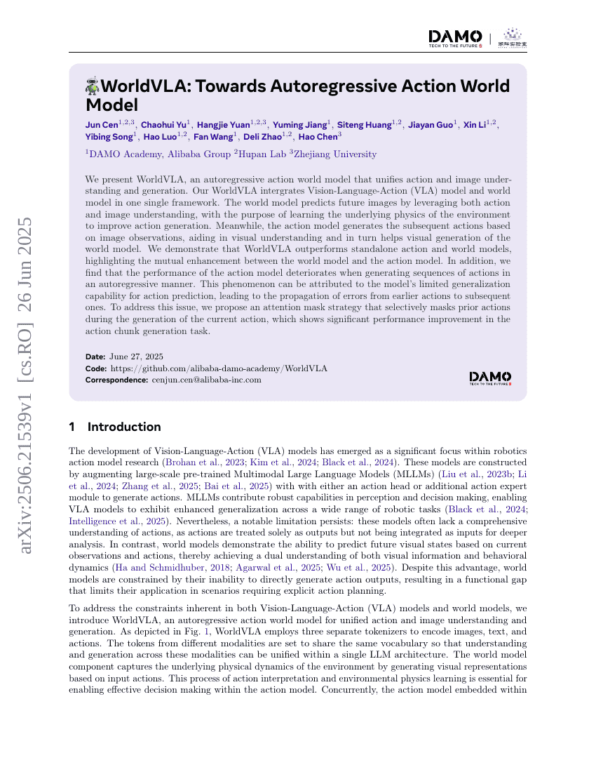 WorldVLA: Towards Autoregressive Action World Model