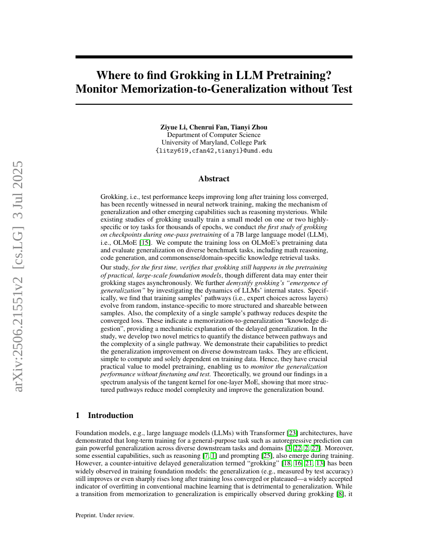 Where to find Grokking in LLM Pretraining? Monitor
  Memorization-to-Generalization without Test