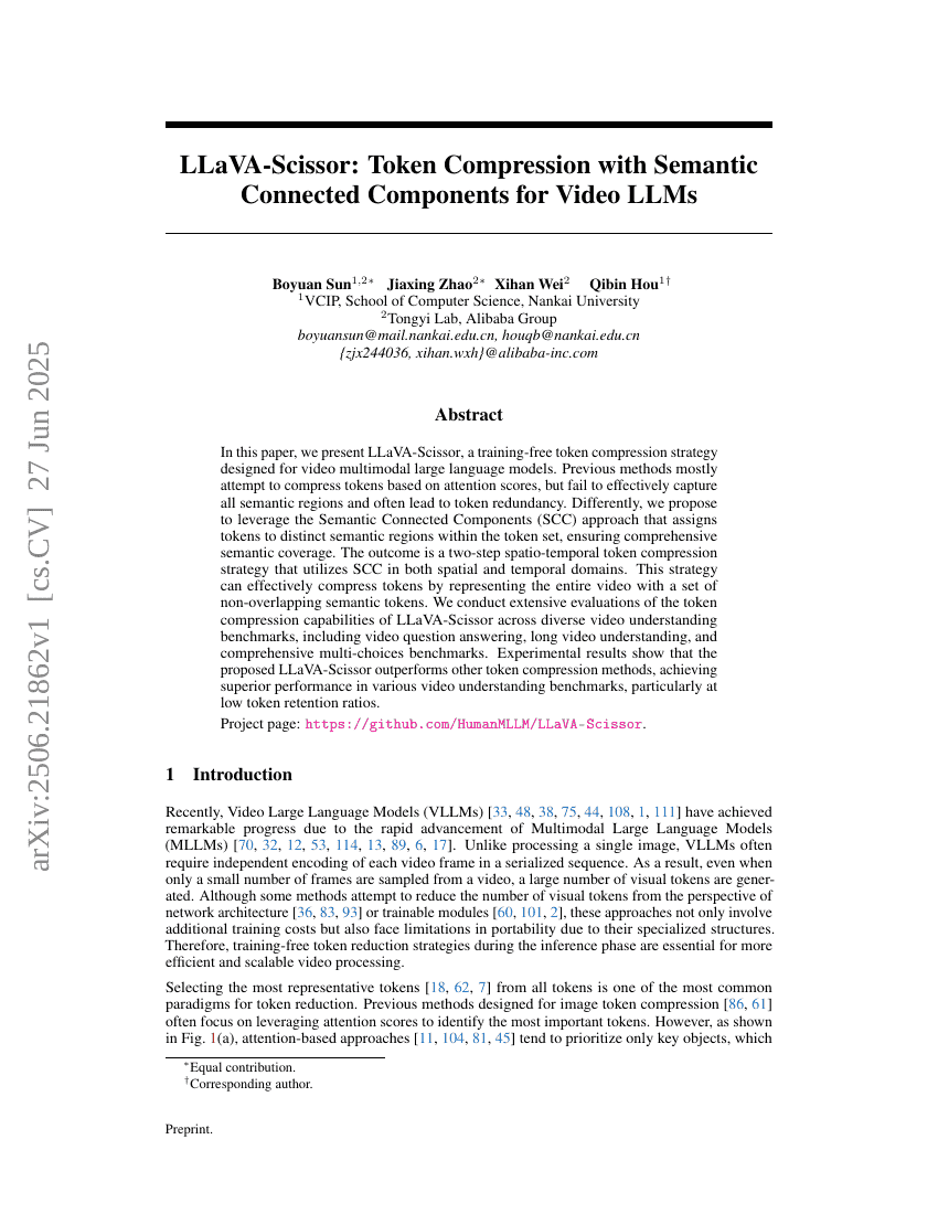 LLaVA-Scissor: Token Compression with Semantic Connected Components for
  Video LLMs
