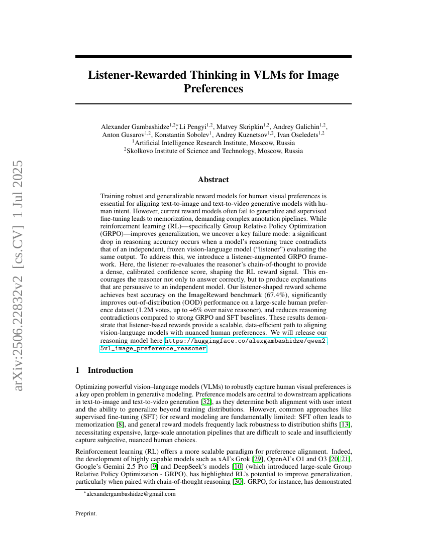 Listener-Rewarded Thinking in VLMs for Image Preferences