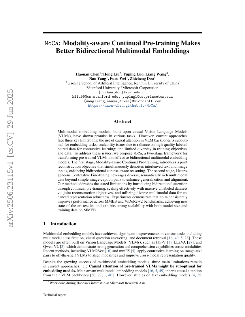 MoCa: Modality-aware Continual Pre-training Makes Better Bidirectional Multimodal Embeddings