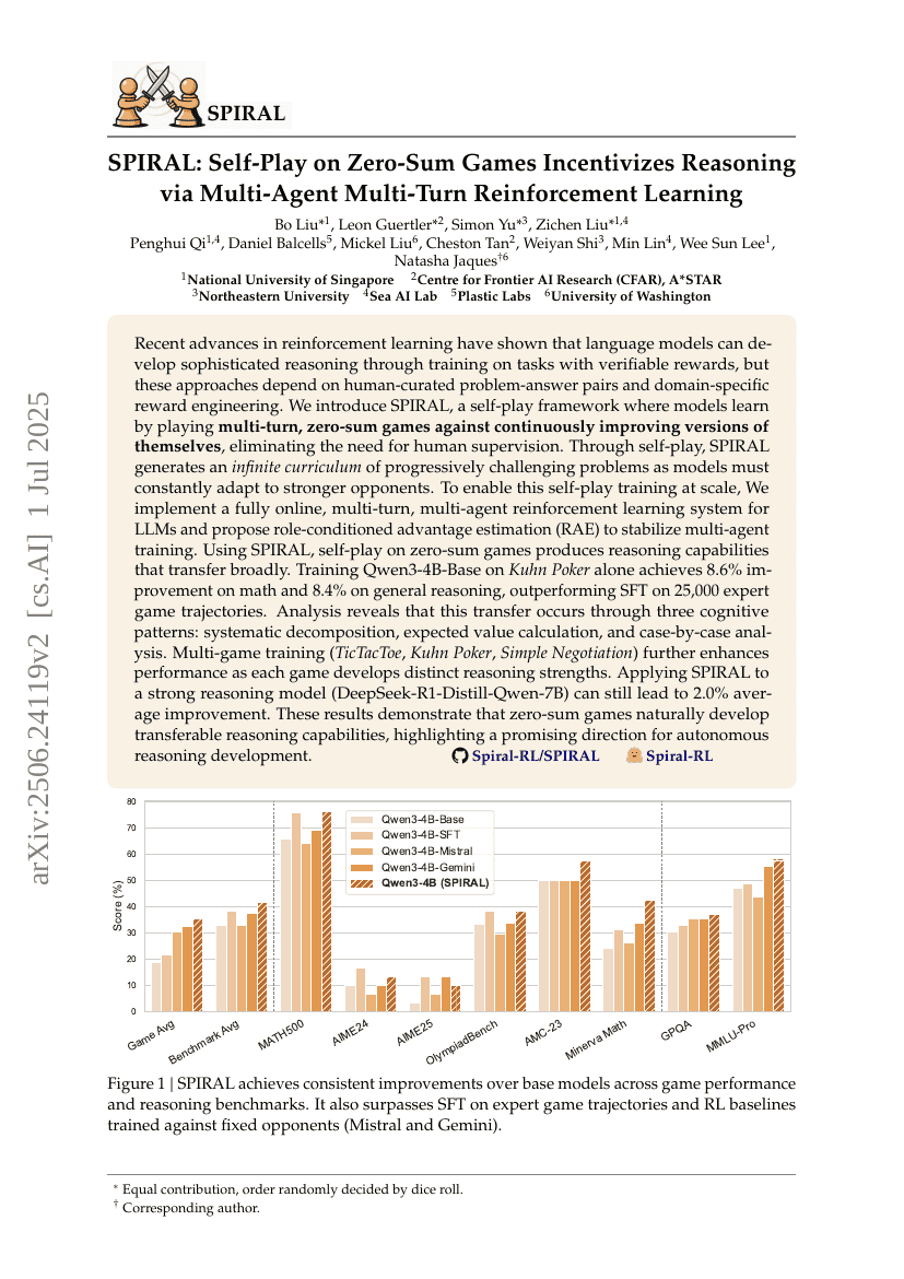 SPIRAL: Self-Play on Zero-Sum Games Incentivizes Reasoning via
  Multi-Agent Multi-Turn Reinforcement Learning