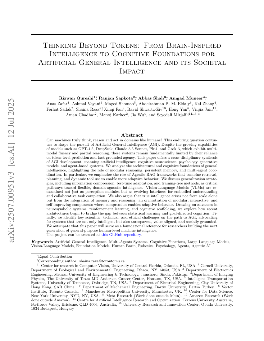 Thinking Beyond Tokens: From Brain-Inspired Intelligence to Cognitive
  Foundations for Artificial General Intelligence and its Societal Impact