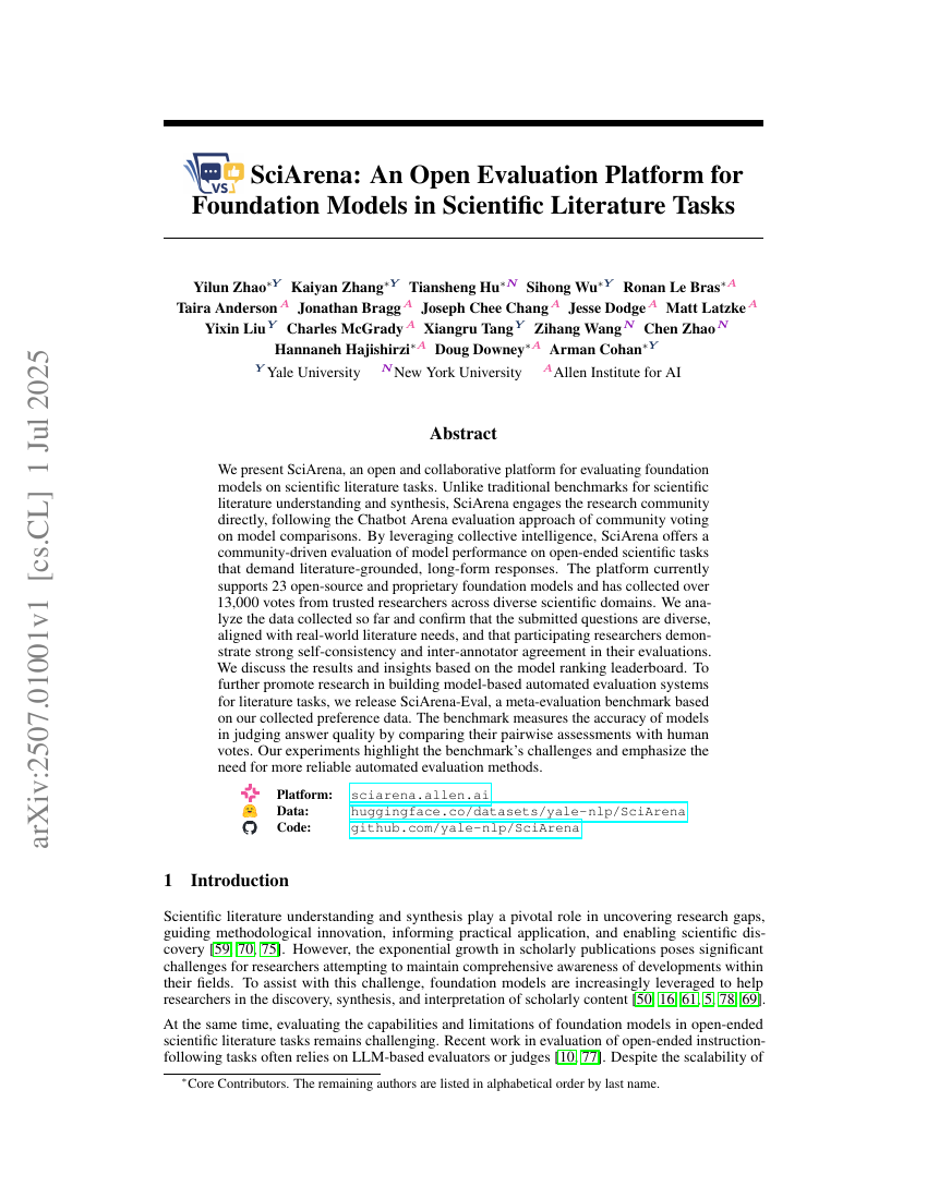 SciArena: An Open Evaluation Platform for Foundation Models in
  Scientific Literature Tasks