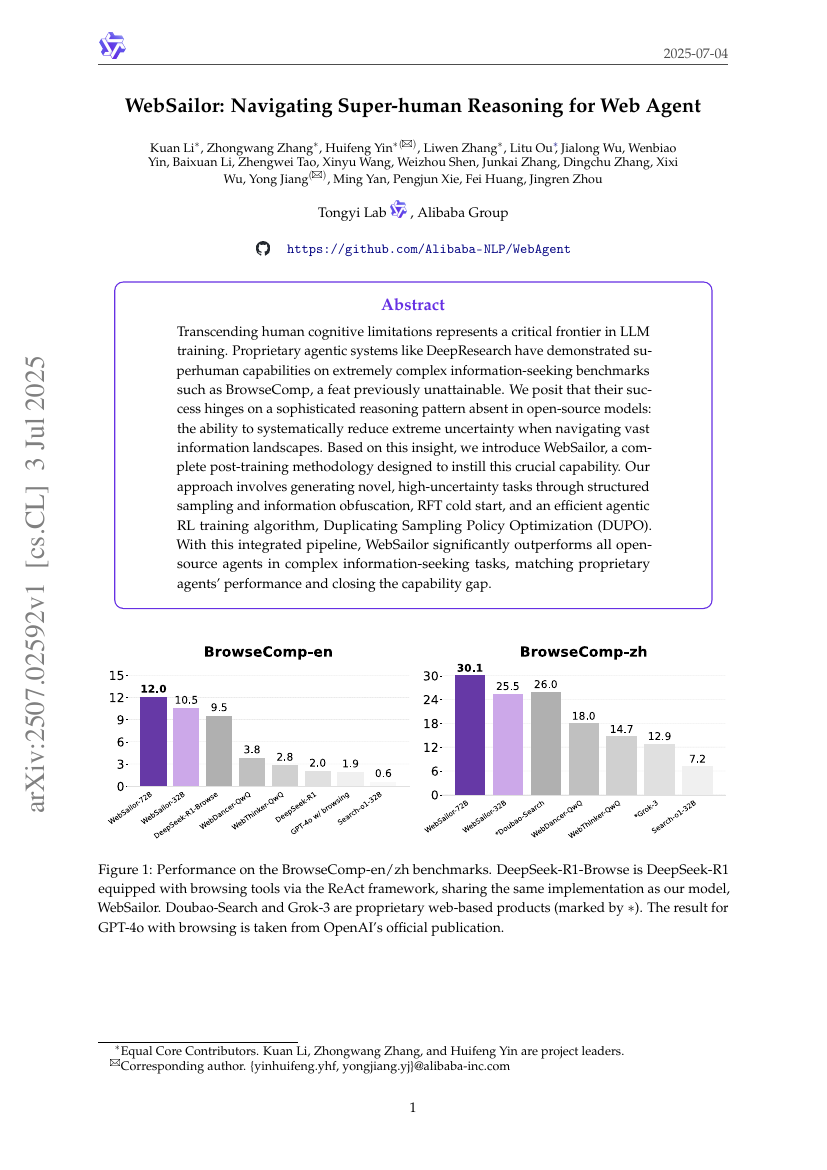 WebSailor: Navigating Super-human Reasoning for Web Agent