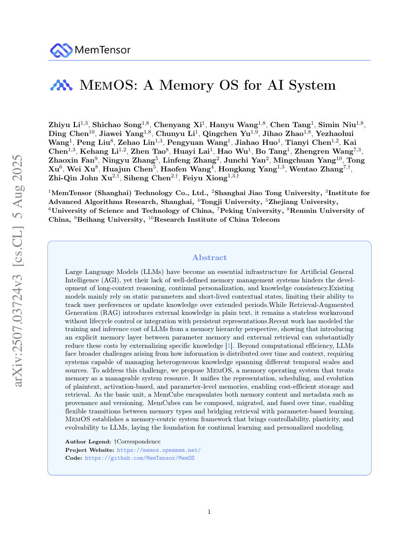 MemOS: A Memory OS for AI System