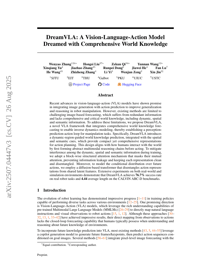 DreamVLA: A Vision-Language-Action Model Dreamed with Comprehensive
  World Knowledge