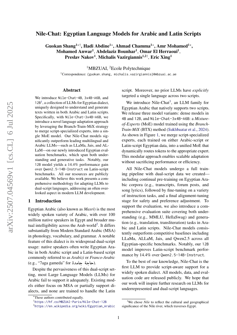 Nile-Chat: Egyptian Language Models for Arabic and Latin Scripts