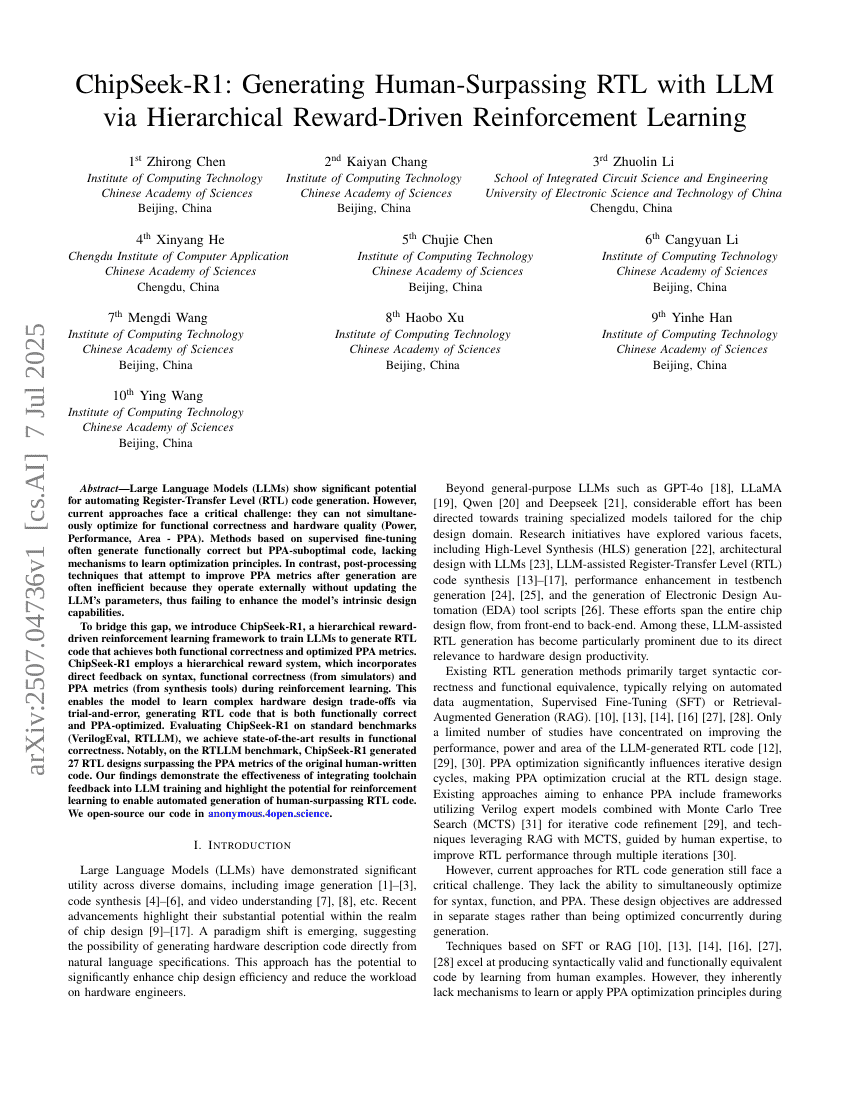 ChipSeek-R1: Generating Human-Surpassing RTL with LLM via Hierarchical Reward-Driven Reinforcement Learning