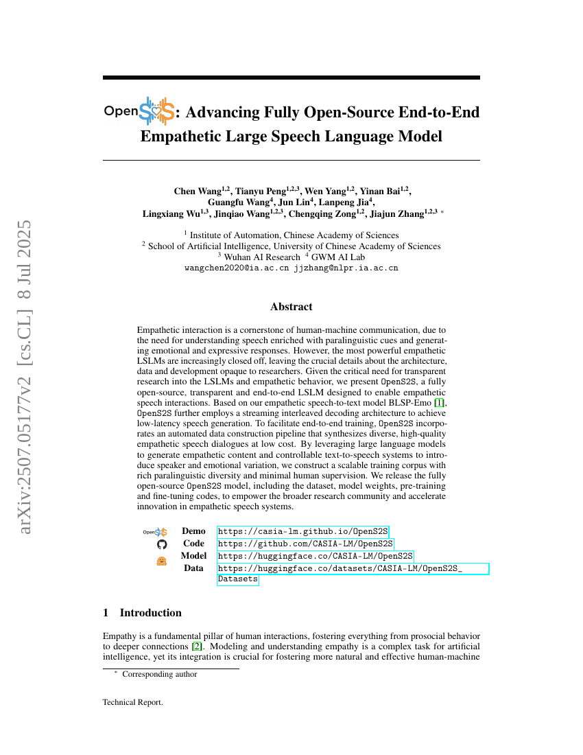 OpenS2S: Advancing Open-Source End-to-End Empathetic Large Speech Language Model