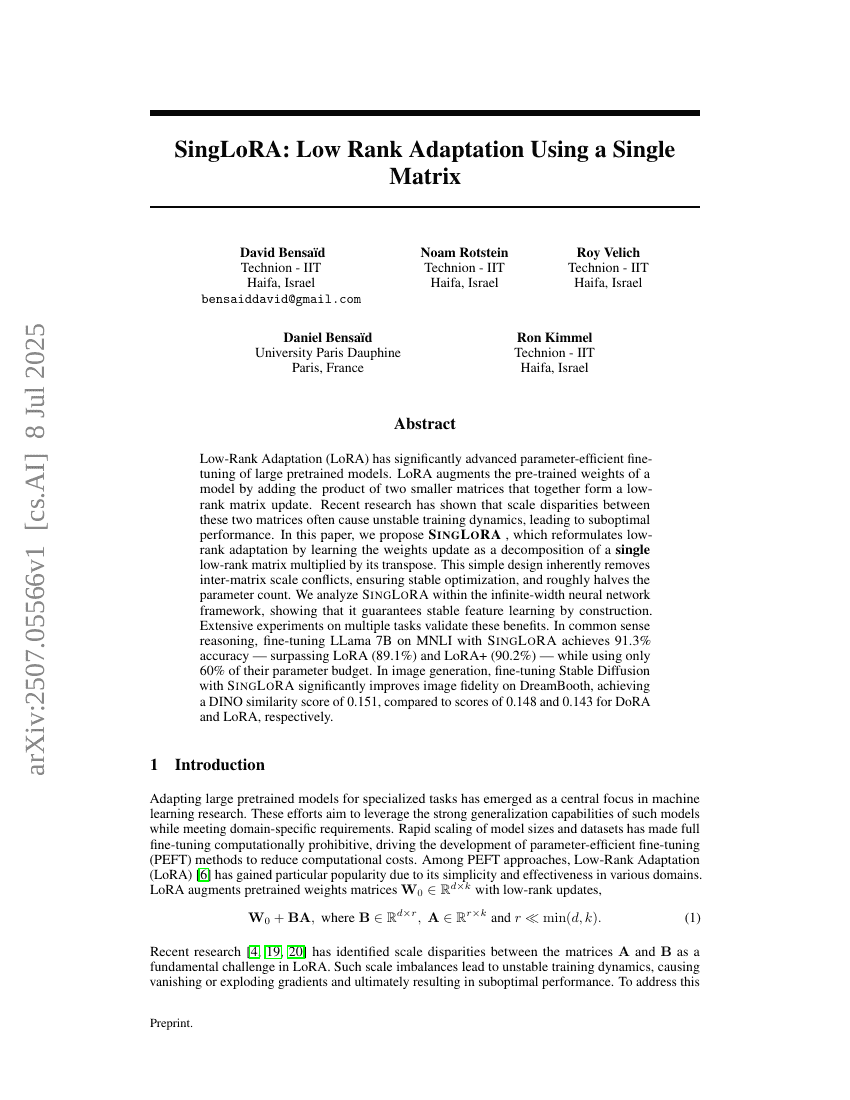 SingLoRA: Low Rank Adaptation Using a Single Matrix