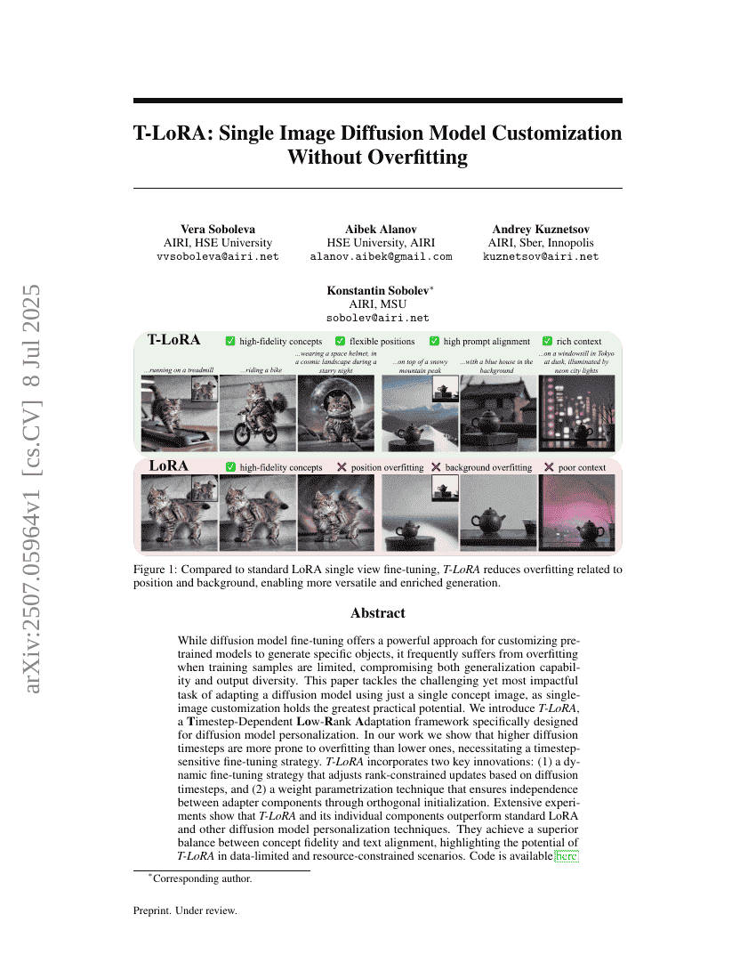 T-LoRA: Single Image Diffusion Model Customization Without Overfitting