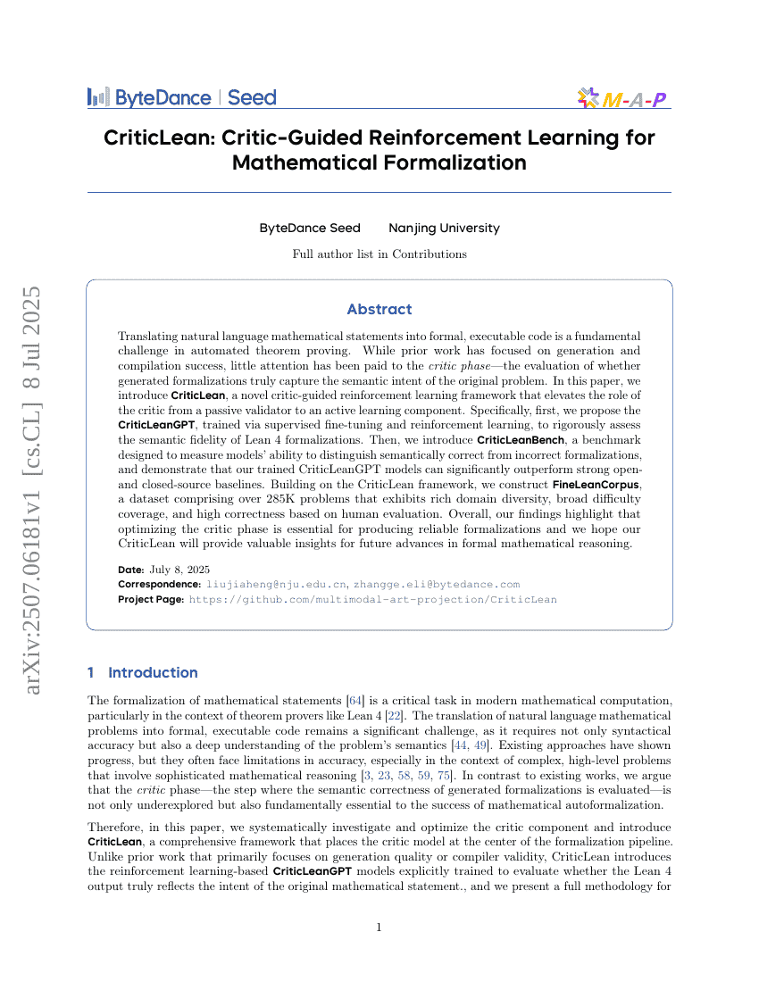 CriticLean: Critic-Guided Reinforcement Learning for Mathematical
  Formalization